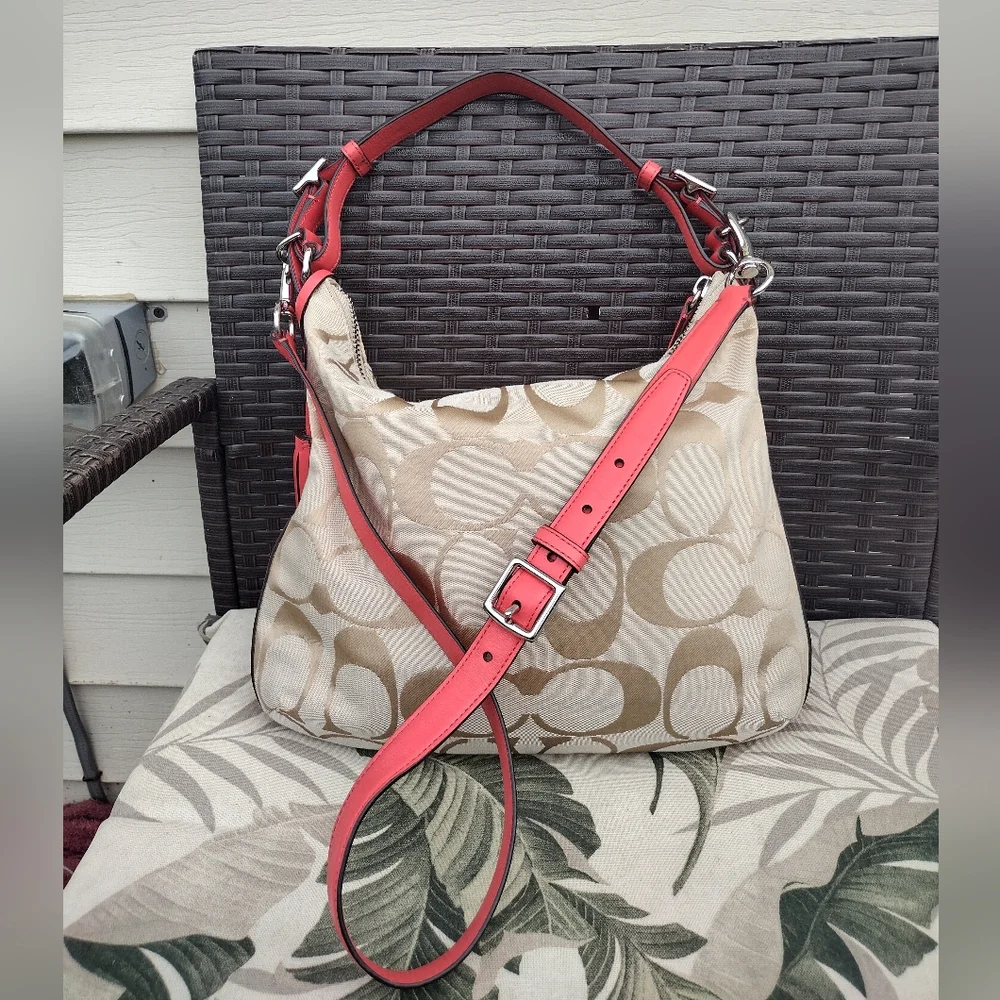 Coach Legacy Signature Courtney Hobo Bag Khaki and Coral Style #22392